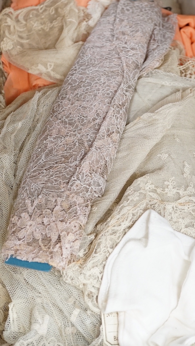 A collection of machine lace samples, a silk stole and 2 samples of silk
